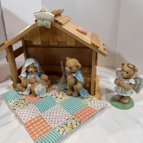Vintage Enesco Cherished Teddies Nativity 4 Piece Set Stable Figurines Box - Picture 3 of 14
